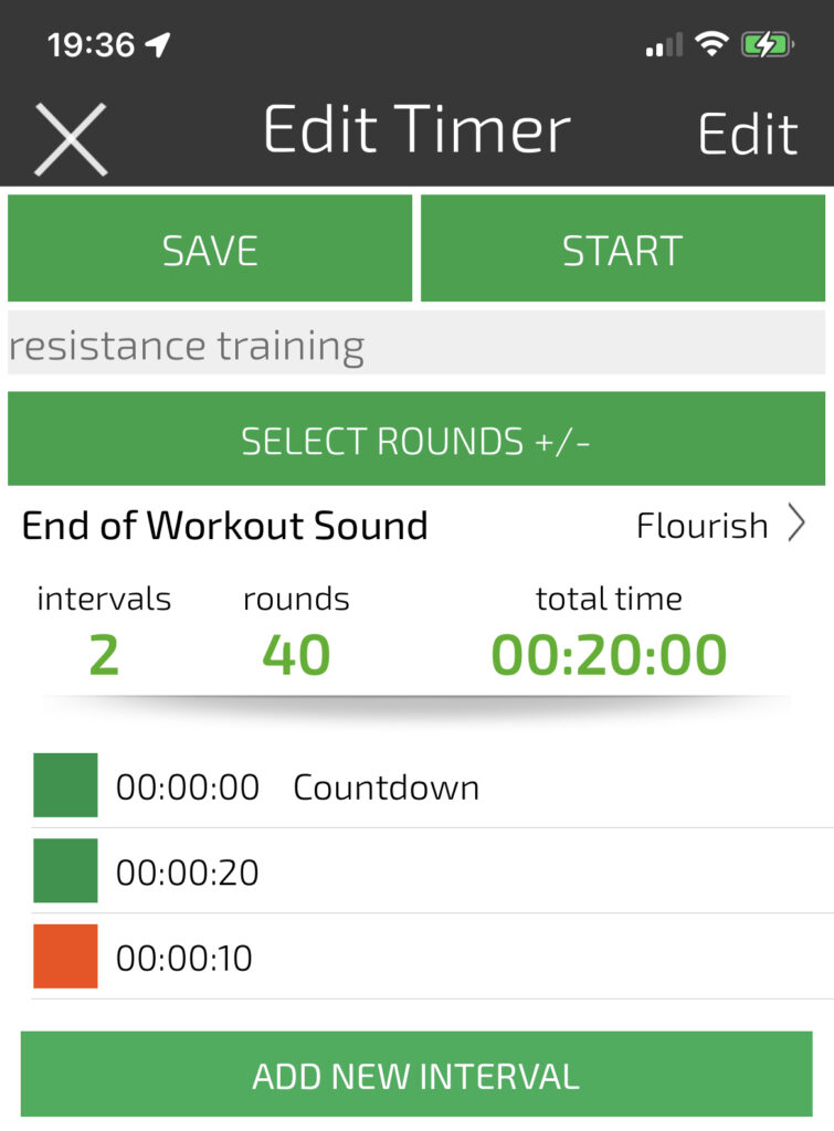 example of Gymboss timer setting for a 20 minute tabata  workout.