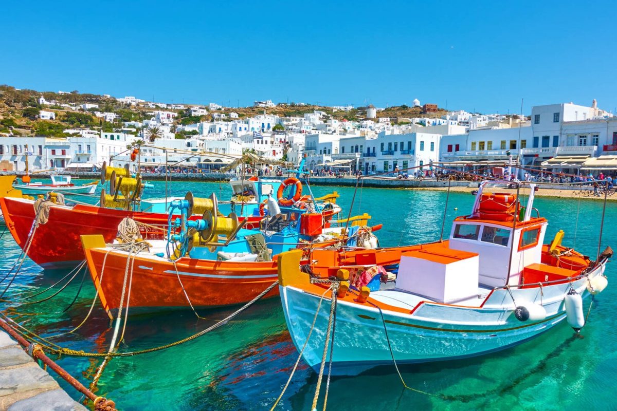 Port with old fishing boats and the waterfront in Mykonos Islang, Greece